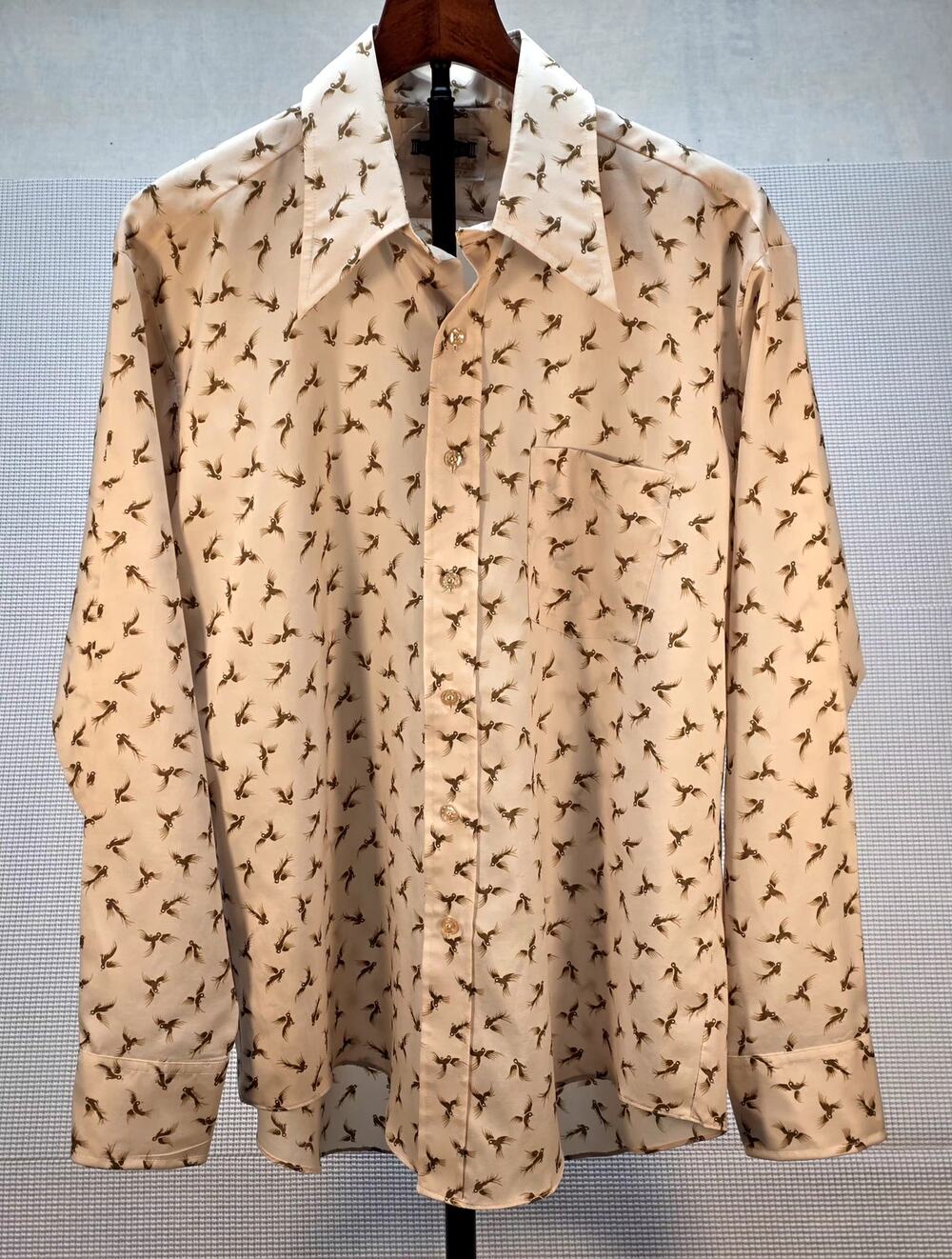 VTG 70s Classics By Campus Polyester Disco Shirt Bird Pattern Dagger Collar L